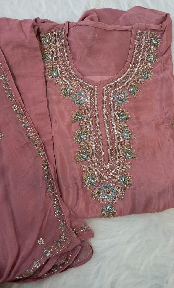 SEMI STICHED CHINNON HANDWORK UNSTICHED SALWAR SUIT GE711