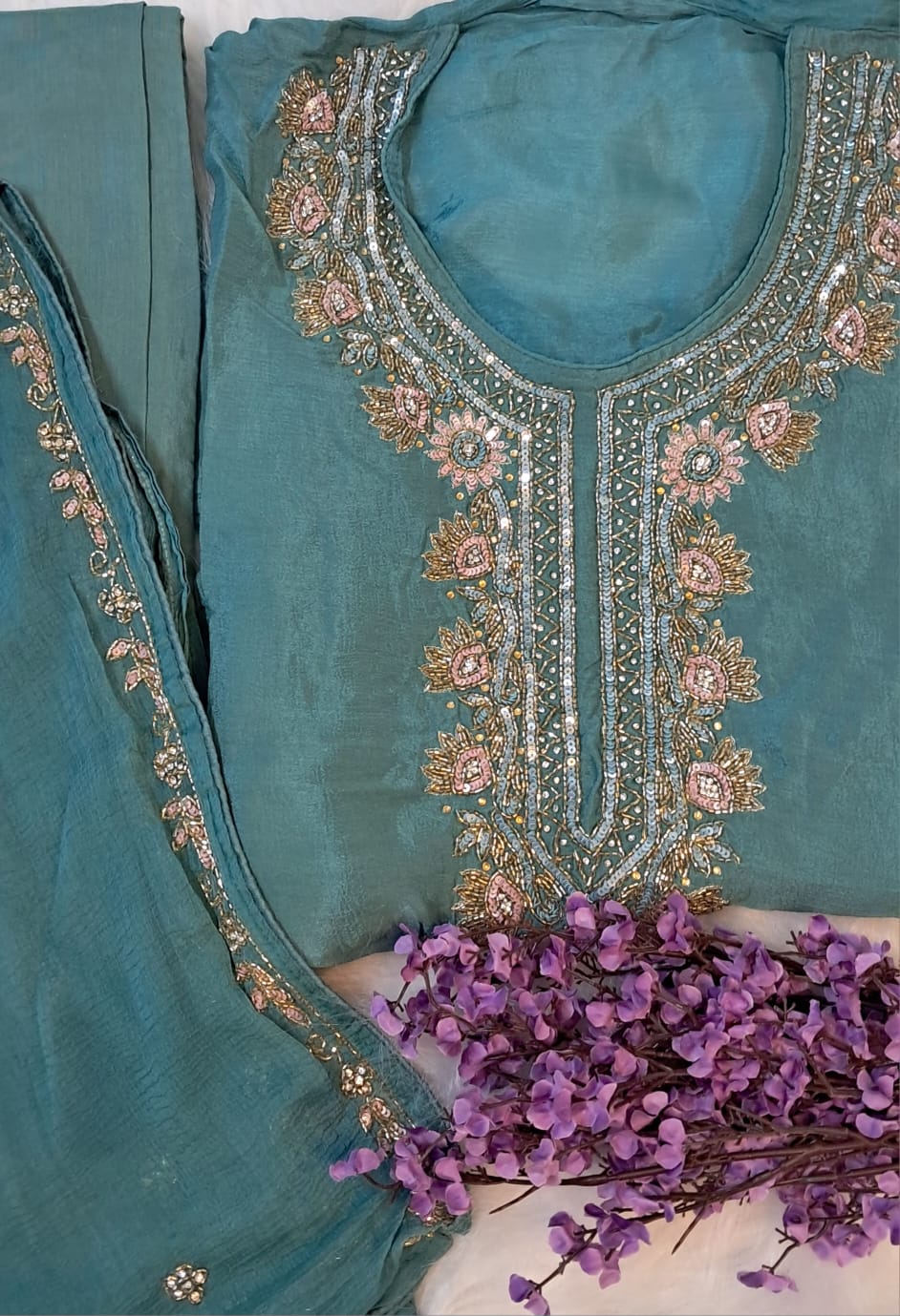 SEMI STICHED CHINNON HANDWORK UNSTICHED SALWAR SUIT GE710