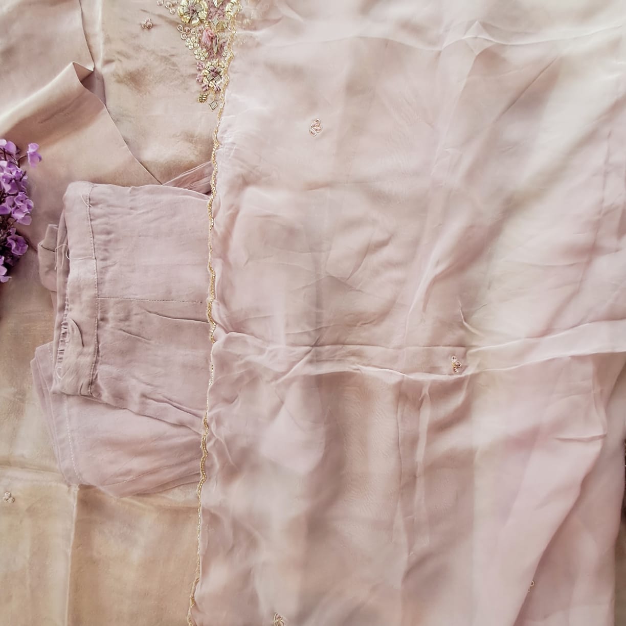 Lilac tissue silk straight kurti with straight pants and dupatta code GE727