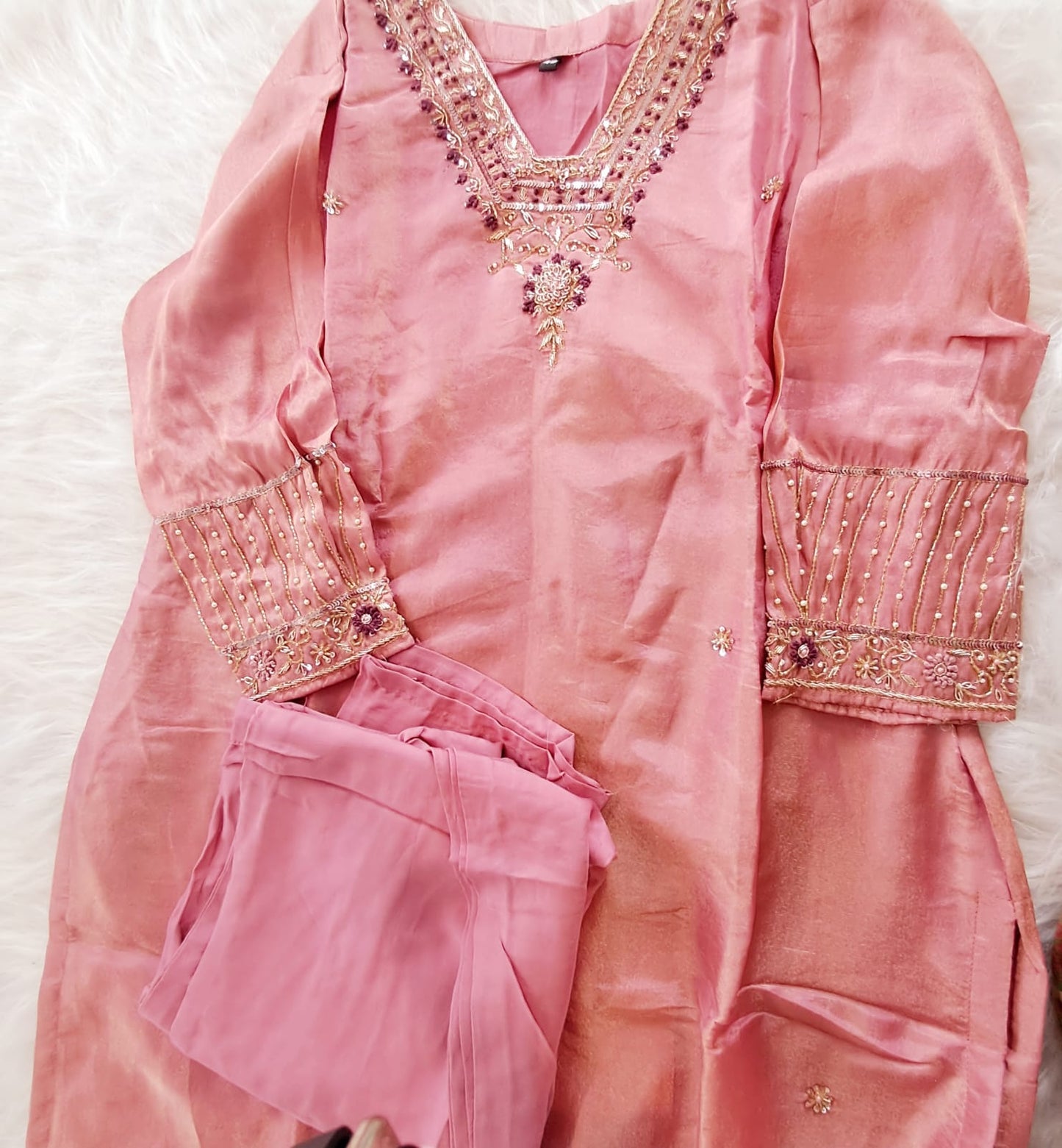 Peach tissue silk straight kurti with straight pants code GE726