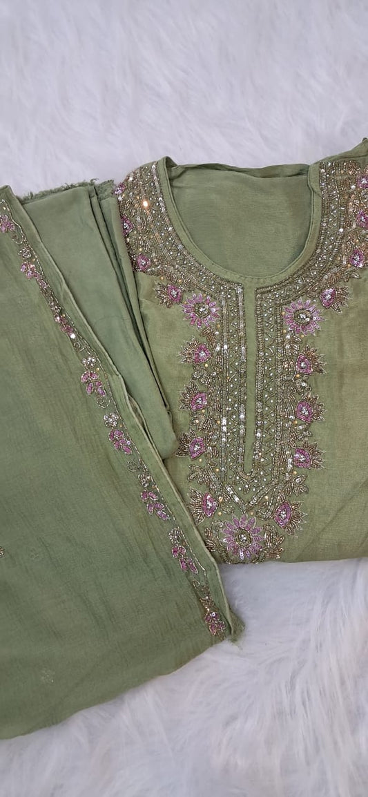 SEMI STICHED CHINNON HANDWORK UNSTICHED SALWAR SUIT GE709