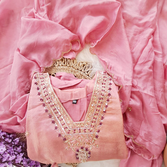 Peach tissue silk straight kurti with straight pants code GE726